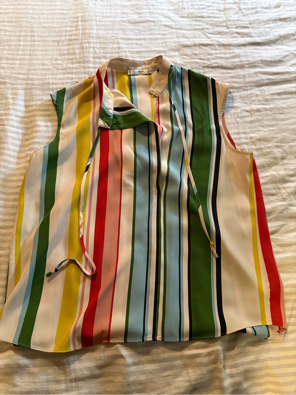 Mango Sleeveless Multicolor Stripe Tie-Neck Blouse -small